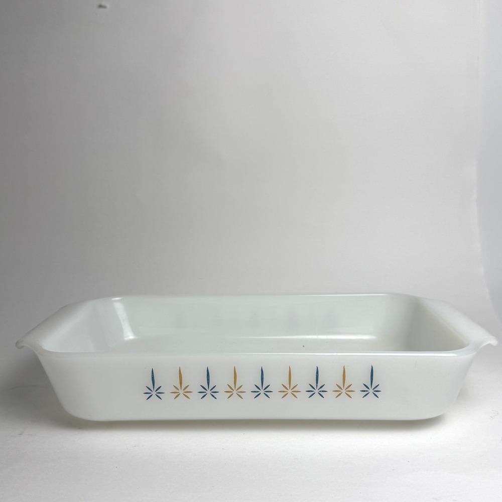 Vintage Fire-King Atomic Star Milk Glass Baking Dish Rectangular 1.5 Qt MCM